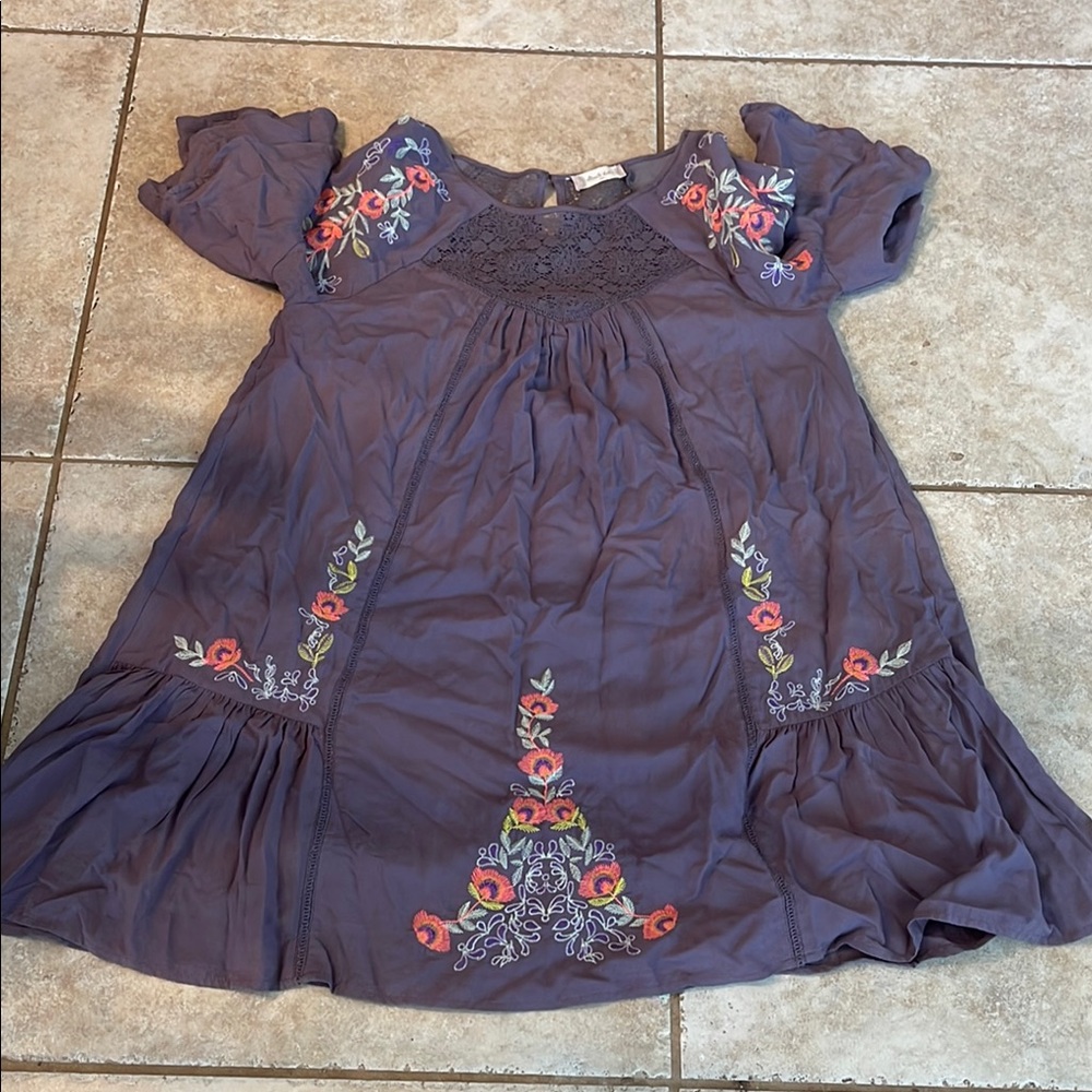 Grayish-Purple Casual Sundress with Flutter Sleeves and Crew Neck